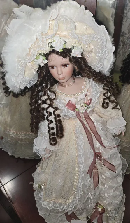 Porcelain Victorian-Style Doll with Lace Dress and Bonnet
