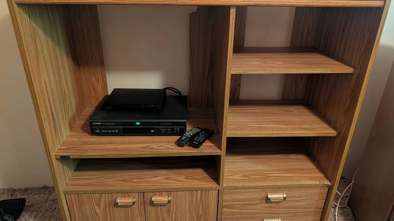 Media Shelf With SONY and Hitachi DVD/CD Players and Remotes