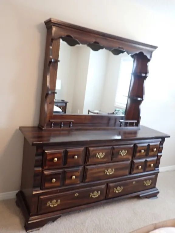 Eath Allen Style Triple Dresser With A Mirrored Hutch