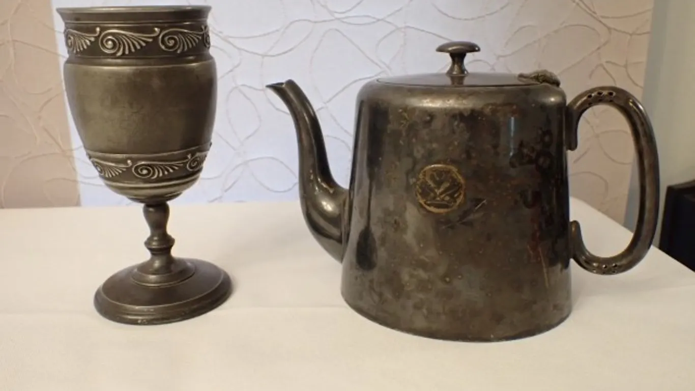 Vintage Metal Teapot & Pewter Goblet