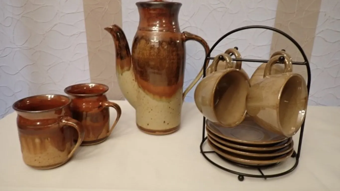 MCM Handcrafted Coffee Pot, Coffee Mugs+
