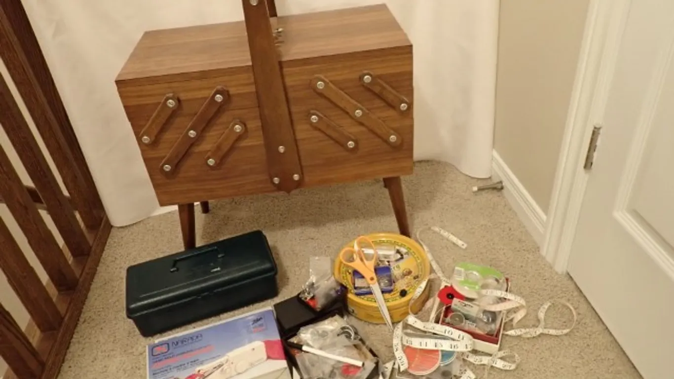 Accordion-Style Sewing Box With Contents