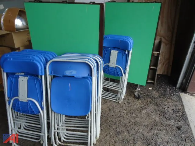 (18) Folding Plastic Chairs, Eisel, (2) Green Folding Tables More