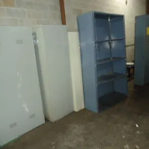 (3) Two door Storage Cabinets and Tall Metal Shelf