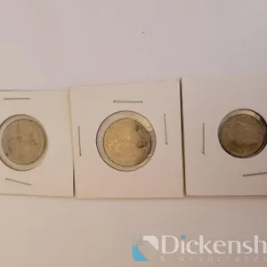 (2) CANADIAN NICKELS AND (1) FIVE PENCE COIN