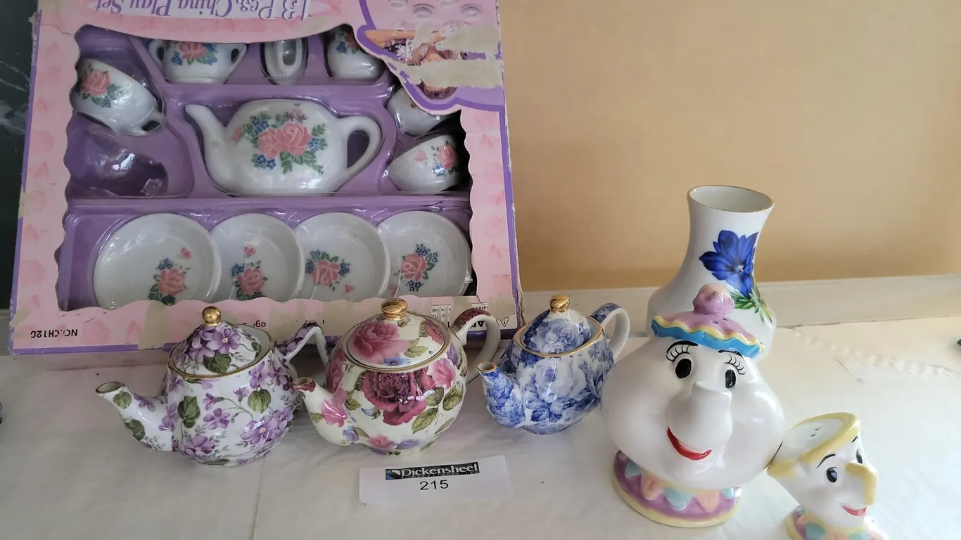 TEA PLAY SET W/MRS. POTTS AND CHIP SALT AN PEPPER SHAKERS