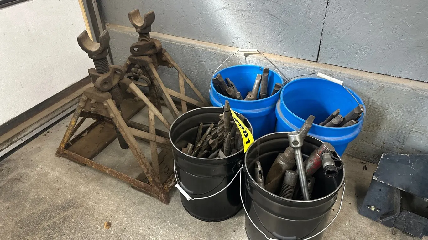 (4) Bins W/ Misc Tools And (2) Pipe Jacks