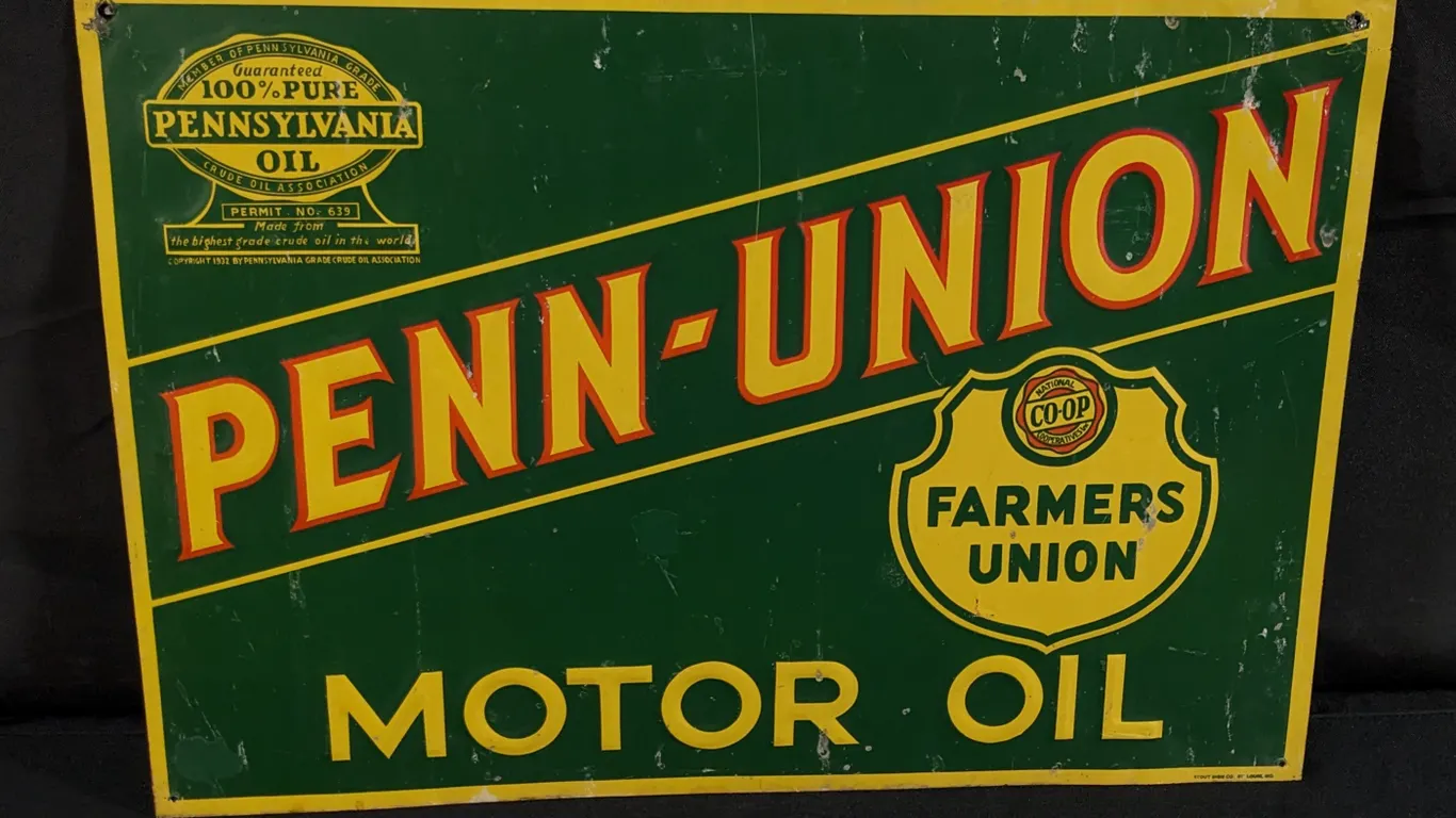 EMBOSSED TIN SIGN PENN UNION MOTOR OIL FARMERS UNION CO-OP