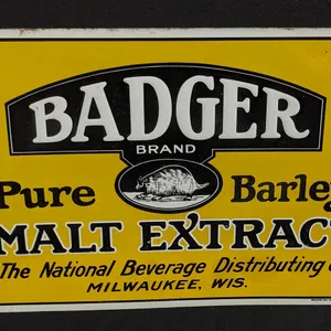 EMBOSSED TIN SIGN BADGER PURE BARLEY MALT EXTRACT MILWAUKEE WISCONSIN