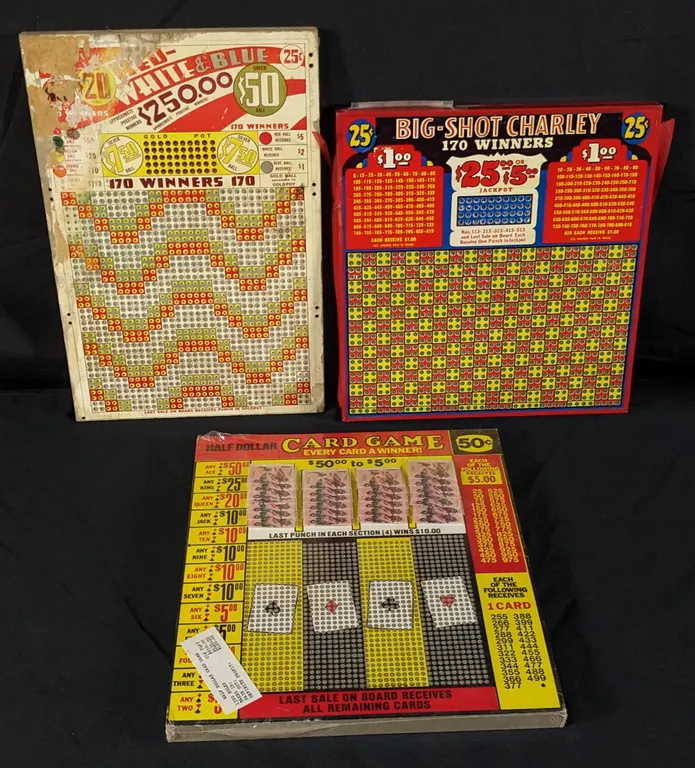 (3) 25¢ & 50¢ GAMBLING PUNCHBOARDS -BIG SHOT CHARLEY- CARD GAME- RED WHITE & BLUE-
