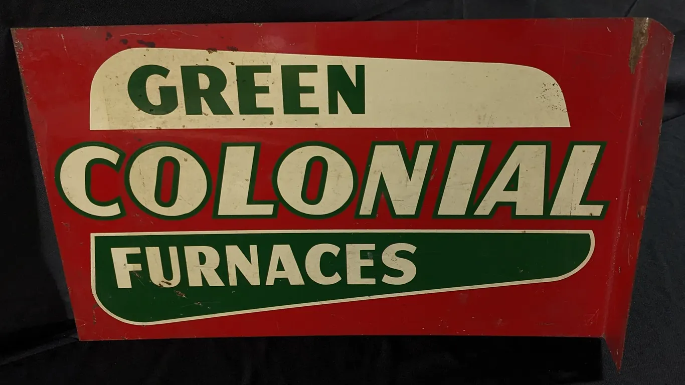 TIN FLANGE SIGN GREEN COLONIAL FURNACES