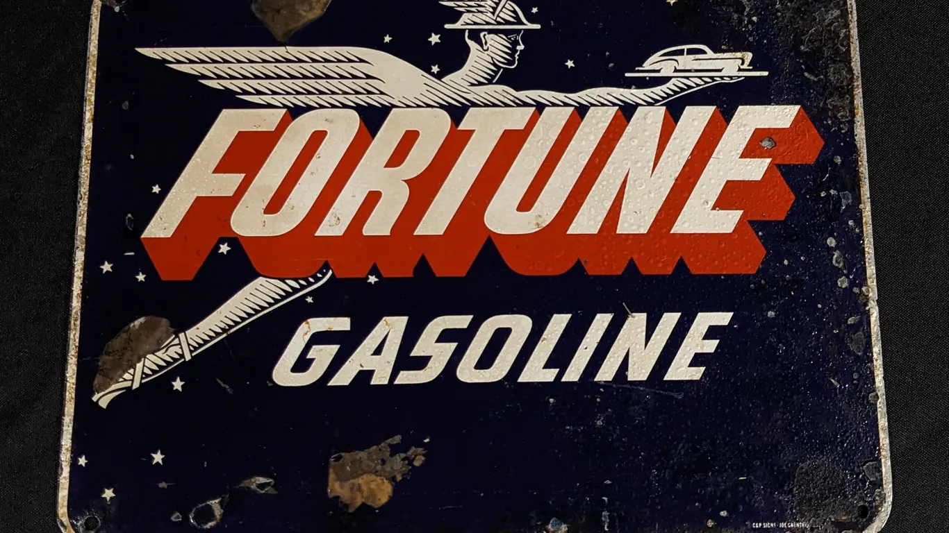 TIN GAS PUMP SIGN FORTUNE GASOLINE