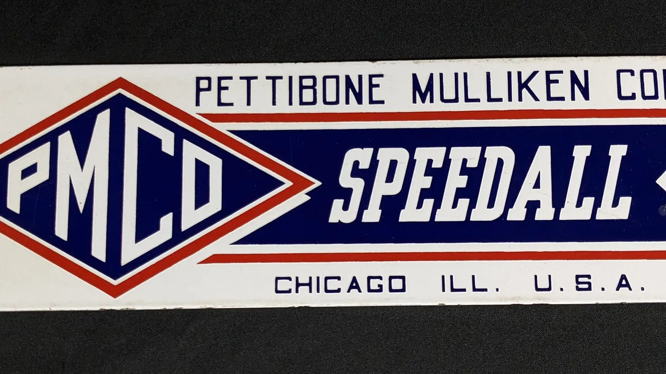 PORCELAIN SIGN PMCO PETTIBONE MULLIKEN CORP SPEEDALL CHICAGO ILLINOIS
