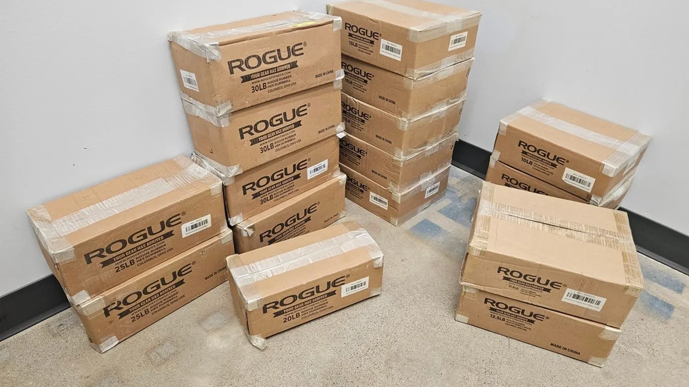 27 NEW Rogue Dumbbells, 4 - 30 lb., 2 - 25 lb., 1 - 20 lb., 10 - 15 lb. (2 per box), 4 - 12.5 lb. (2 per box), 6 - 10 lb. (2 per box)