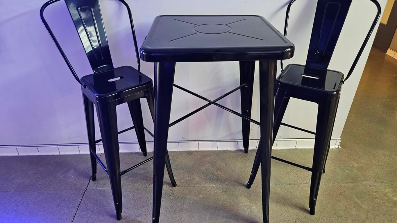 2 Metal Hightop Tables 24"x24"x41", 4 Metal Stools 30" Seat Height