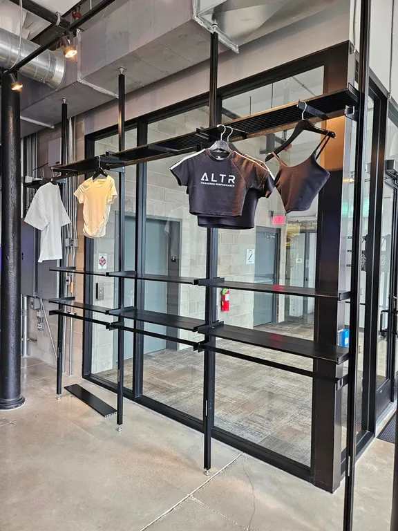 Aluminum Shelf System" 4 Upright Posts (floor to ceiling tension) Approx. 125" Tall, Adjustable Shelves