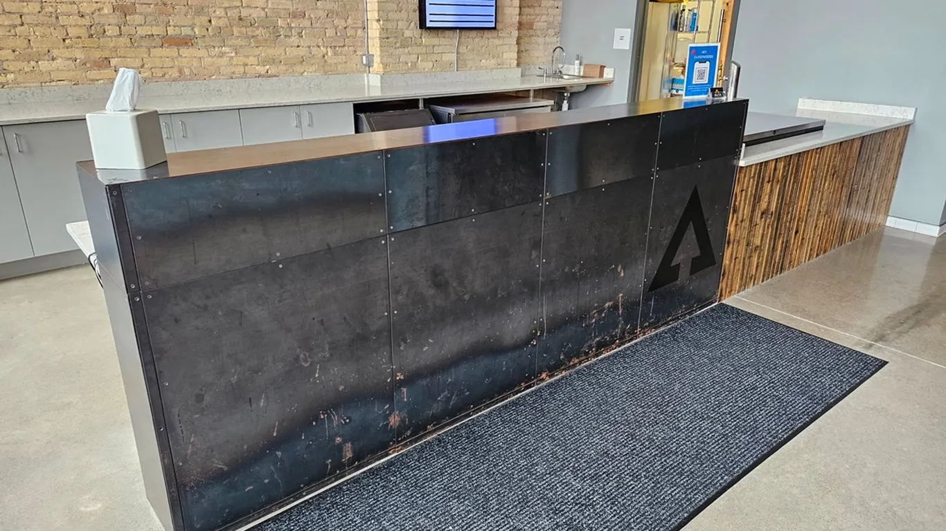 Stone Top/Metal/Wood Reception Counter, 222" Long