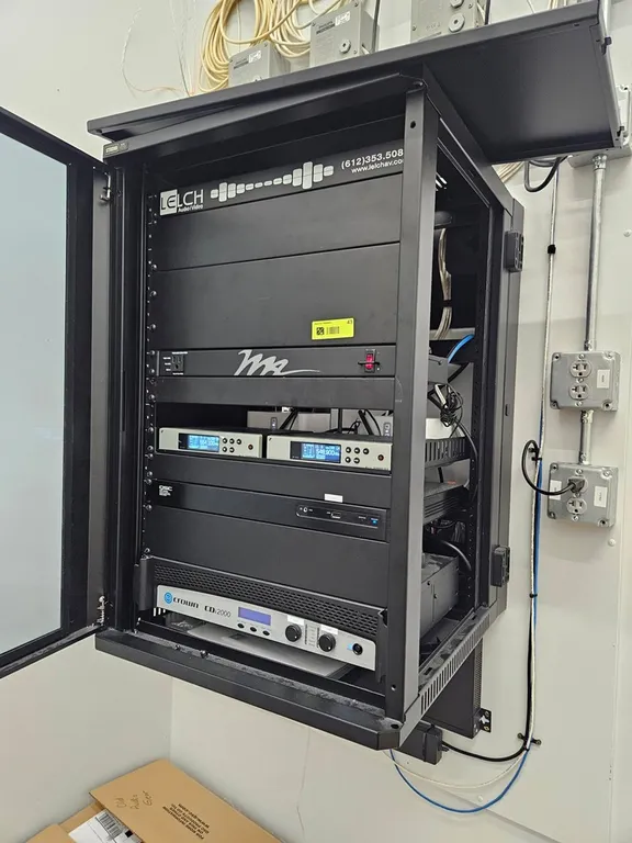 Audio Cabinet with Contents: Crown CDi 2000, QSC MP-M40, 2 Sennheiser G4, More