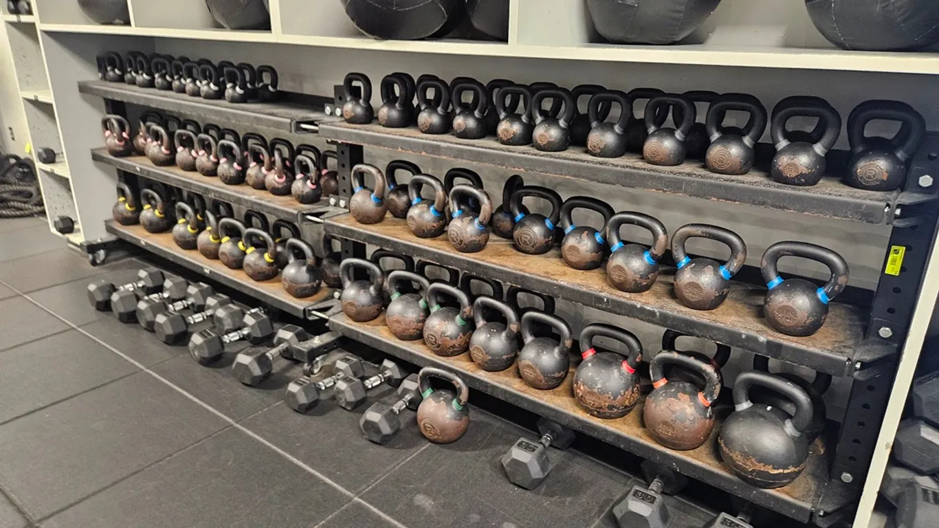 2 Kettlebell/Dumbbell Racks on Wheels, 152"x15"x44" and 76"x15"x44"