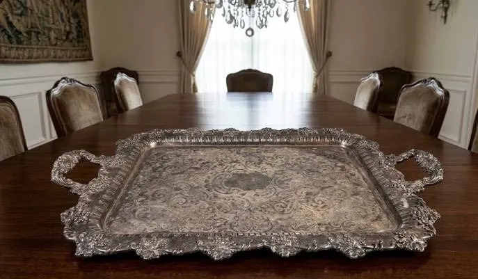 Rectangular Ornate Silver-Plated Serving Tray