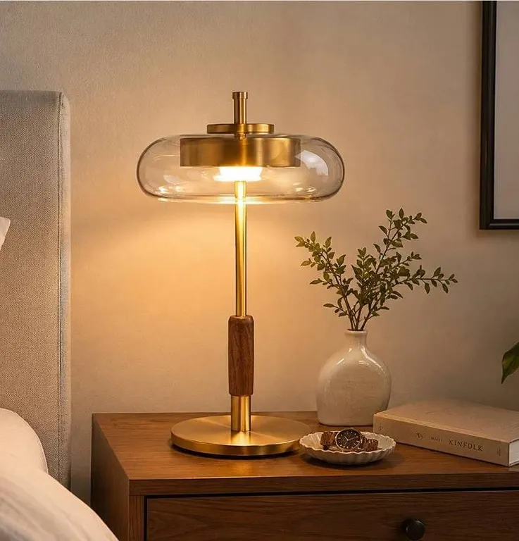 Brass and Glass Table Lamp with Wood Accent
