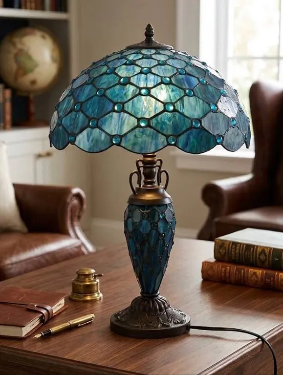 Blue Stained Glass Table Lamp With Ornate Base