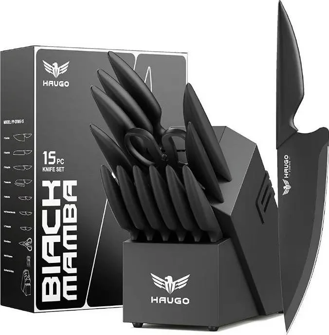 Haugo Black Mamba Knife Set With Block, 15-Piece Stainless Steel, Dishwasher Safe with built in Shar