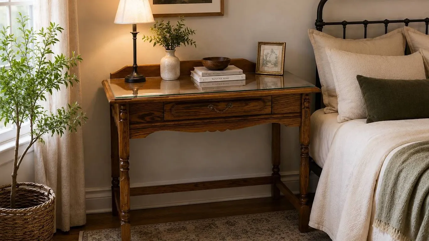 Wood Writing Desk with Glass Top and Drawer
