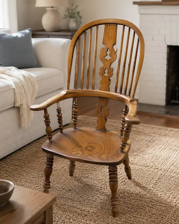 Windsor-Style Oak Armchair, 18" Seat Height