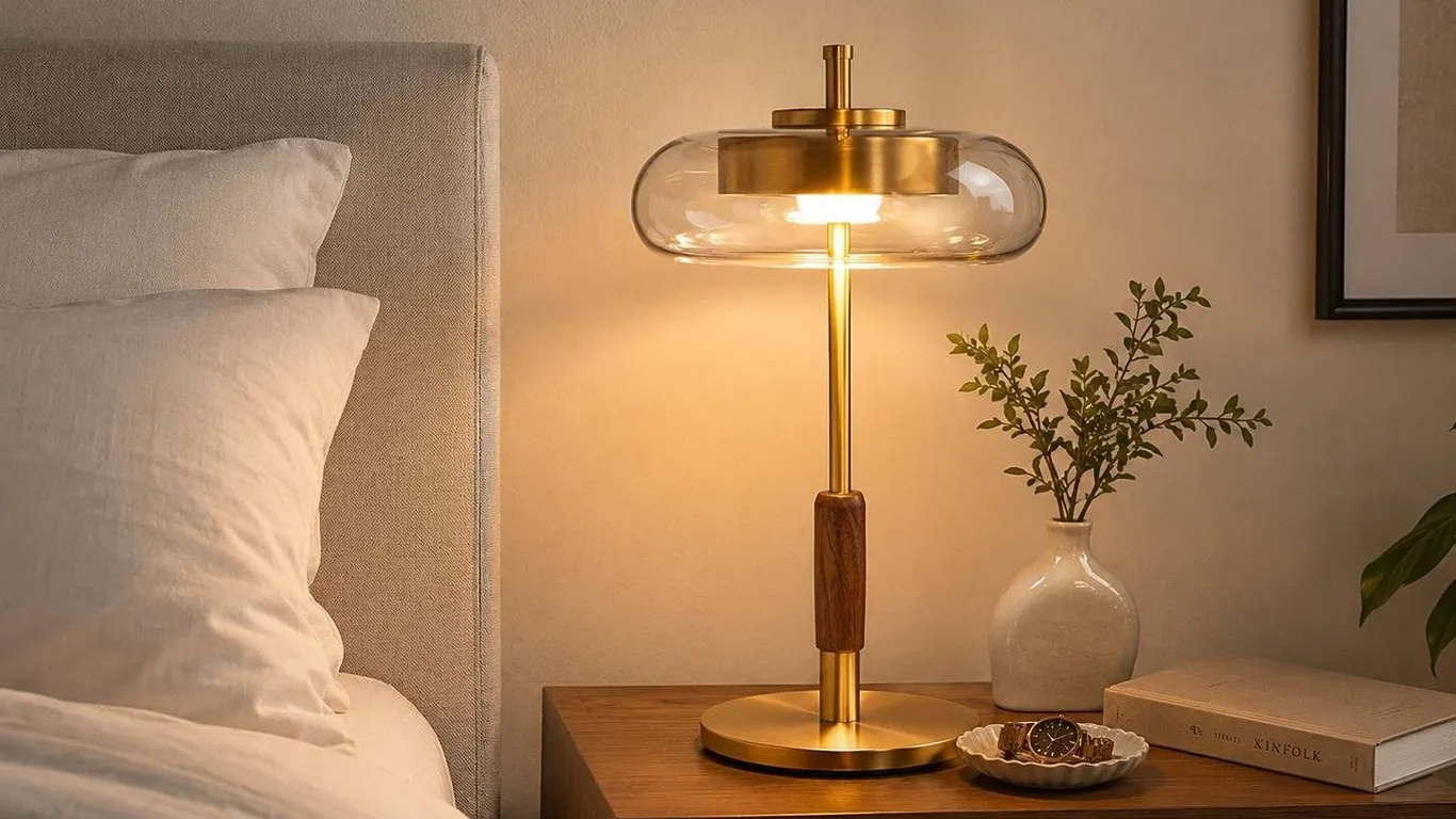 Brass,wood and Glass Modern Table Lamp
