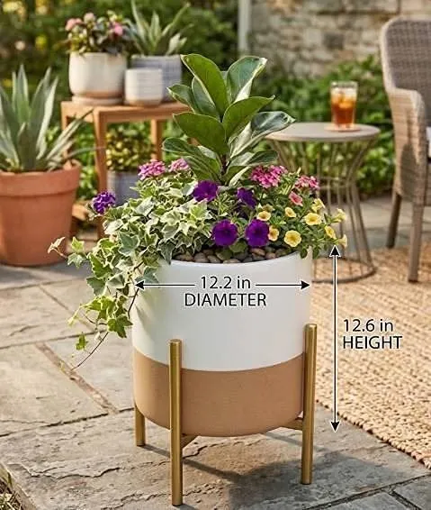 Rivet Mid-Century Ceramic Planter with Iron Stand