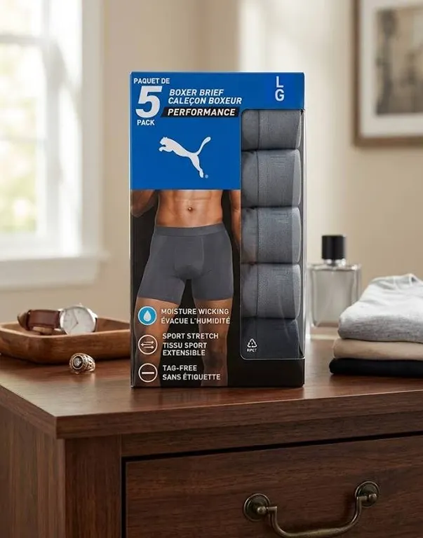 PUMA Performance Boxer Briefs 5 Pack, Size Large