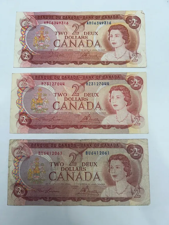Three Canadian $2 Banknotes (1974 Series)