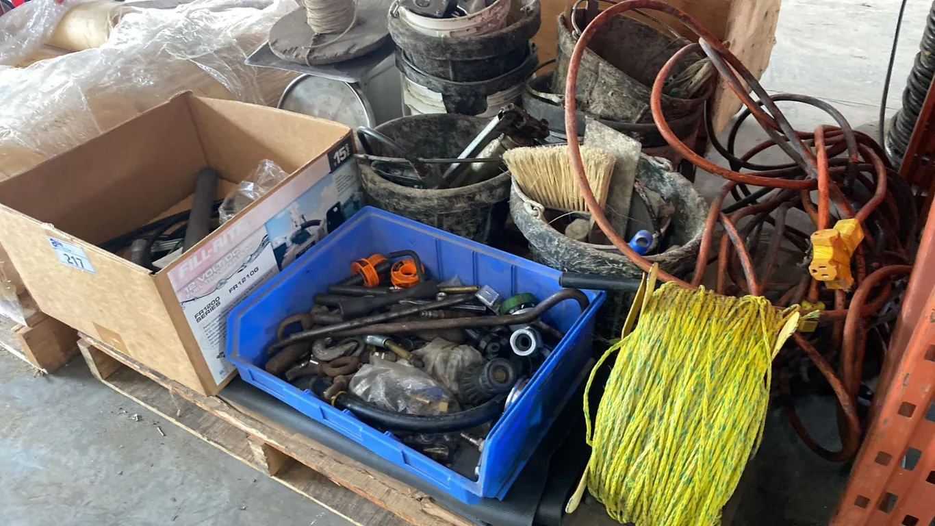 PALLET OF ASSORTED TOOLS, SCALE, FILL-RITE NOZZLE & MORE