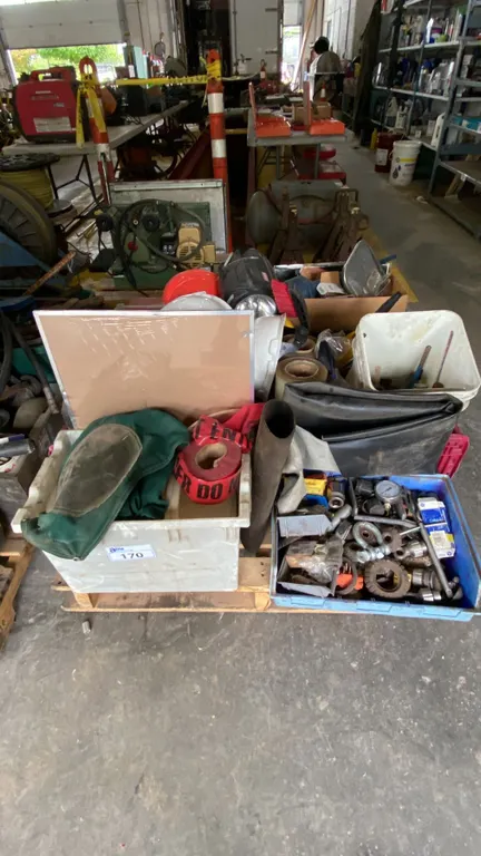 PALLET OF ASSORTED SHOP ITEMS INCLUDING TOOLS, WORK LIGHTS, HARDWARE, PARTS, COMMAND HOOKS, HARD