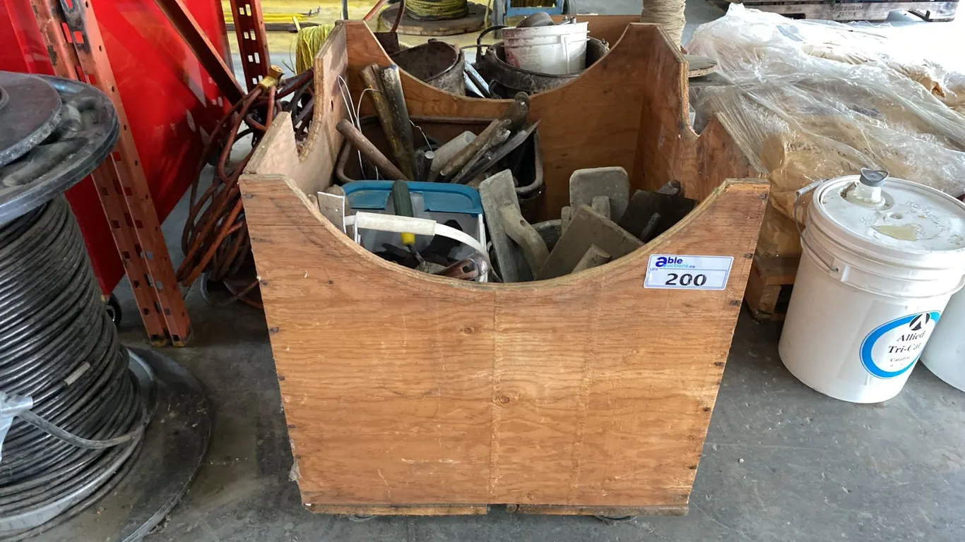 WOODEN MOBILE STORAGE BOX WITH ASSORTED TOOLS