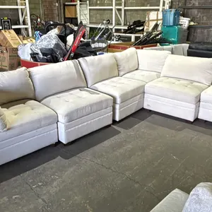 LARGE BEIGE FABRIC MODULAR SECTIONAL SOFA WITH STORAGE OTTOMAN AND CUSHIONS