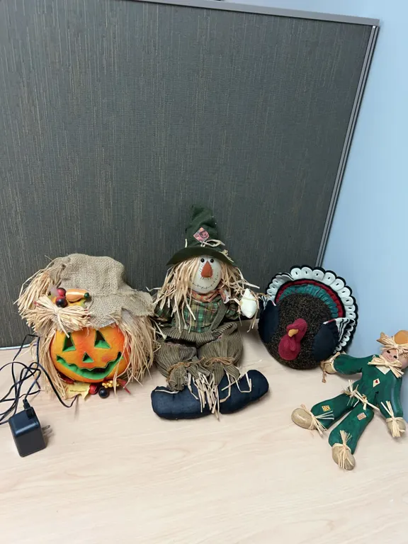 Fall and Thanksgiving Decor Figures Including Scarecrows and Turkey