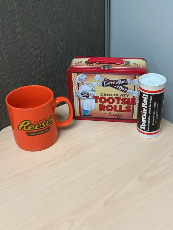 Reese's Mug, Tootsie Roll Tin Bank, and Metal Lunch Box Set