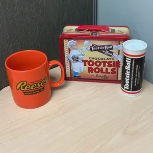 Reese's Mug, Tootsie Roll Tin Bank, and Metal Lunch Box Set