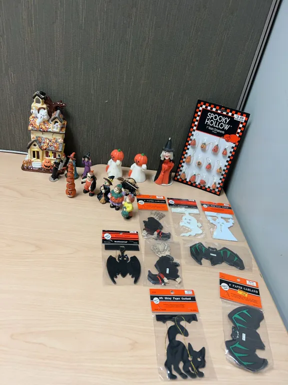 Halloween Figurine Lot with Paper Garland and Decor