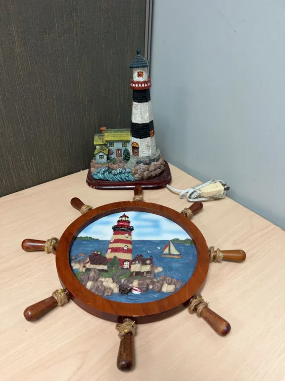 Nautical Table Lamp and Decorative Lighthouse Ship Wheel Plaque