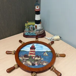 Nautical Table Lamp and Decorative Lighthouse Ship Wheel Plaque