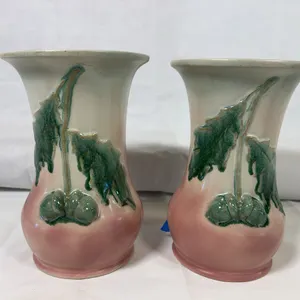 Pair of Pottery Acorn & Oak Leaf Vases