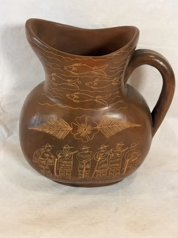 Hand Etched Mexican Pottery Pitcher