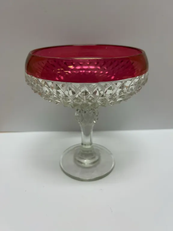 Pressed Glass Compote with Ruby Flash Rim and Diamond Pattern
