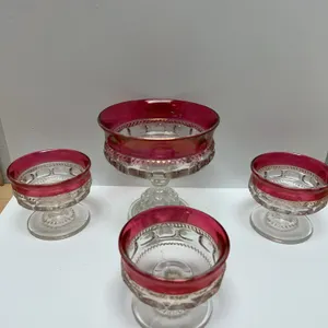 Four Clear and Cranberry Flash Glass Dessert Dishes