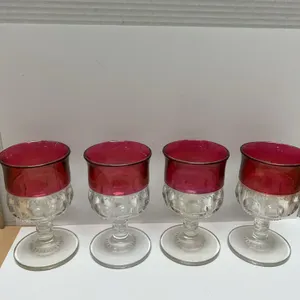 Four Ruby Flash and Clear Pressed Glass Goblets