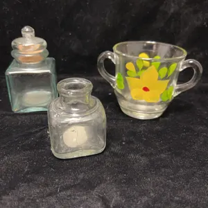 Glass Miniature Vessels Including Hand Painted Creamer and Bottles