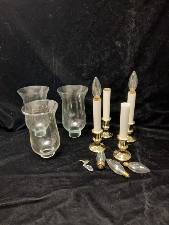 Four Glass Hurricane Lamp Shades and Brass Candle Base Lights